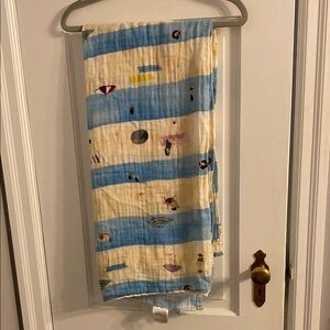 Little Unicorn 100 % cotton Blue and Cream Striped Blanket with Beach Print